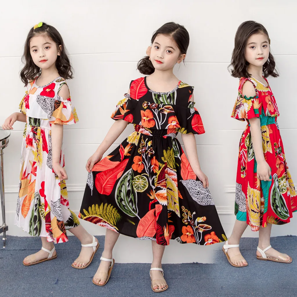 Baby Girl Floral Leaf Print Off Shoulder Beach Dress Princess Outfits Clothes Toddler Kid Spring Teen Clothing Daily Casual | Детская