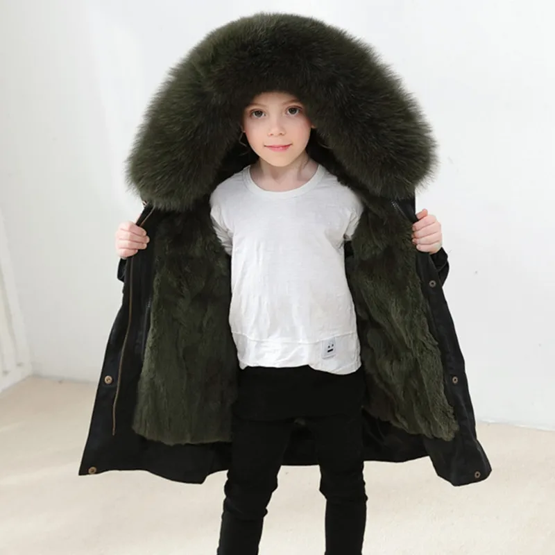Children's fur girls wear male baby real rex rabbit fur coat baby long section to overcome thick winter cotton coat kids jacket - Color: D