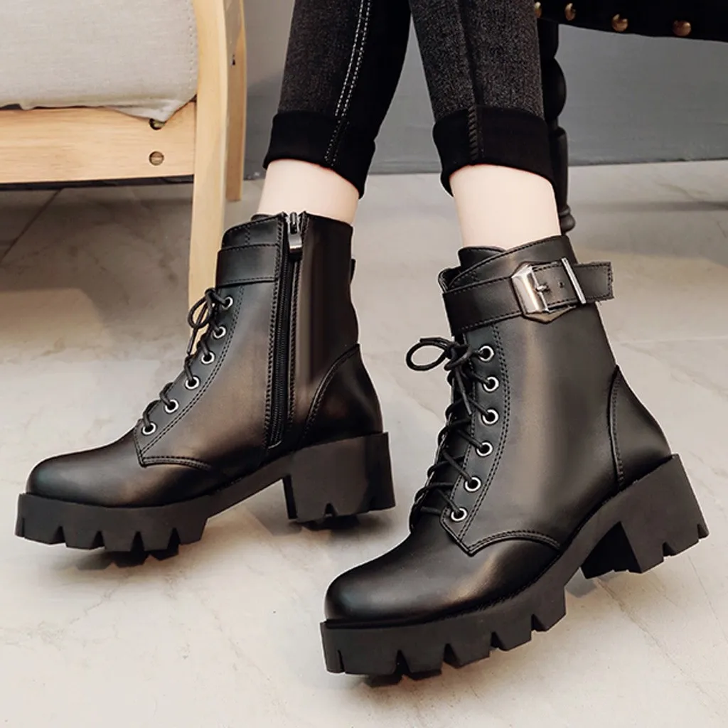 

2019 Women's Leather Motorcycle Boots Sexy Ankle Boots Lady Stylish Mid Heel Short Boot Buckle Strap Martin Boot Strappy Shoes