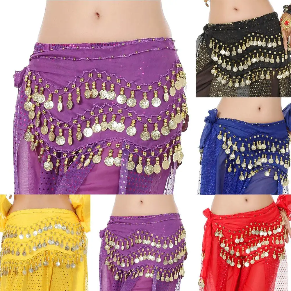 

Sexy Lady Women 3 Row 128 Golden Coins Belly Dance Hip Skirt Waist Wrap Scarf Tide Durable