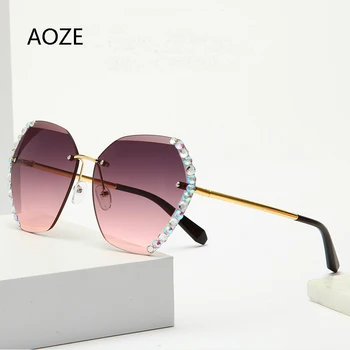 

AOZE2020 New Crystal Rimless Hexagon Sunglasses Women Luxury Brand Designer High Quality Rhinestone Frameless Gradual Sunglasses