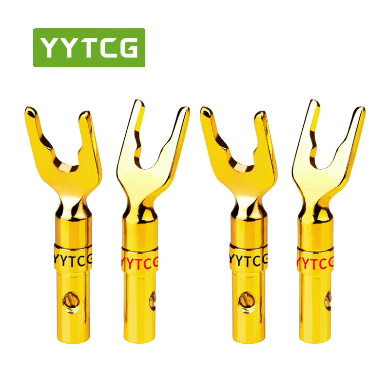 YYTCG 4pics-lot U Y Banana Plug Conenctor Gold plated Spade Speaker Banana Plugs Audio Screw Fork Co