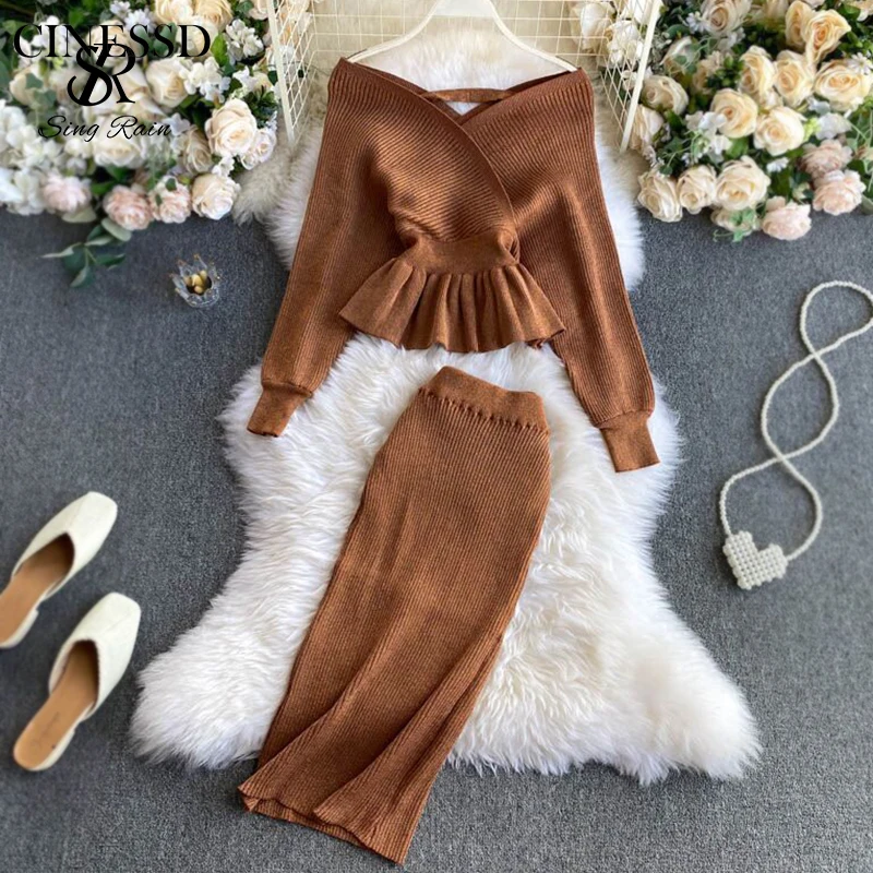 

Autumn Suits Women Shiny Knitting Skirts Sets Ruffles Long Sleeves Wool Warm Sweater knitted Two Pieces Set Women