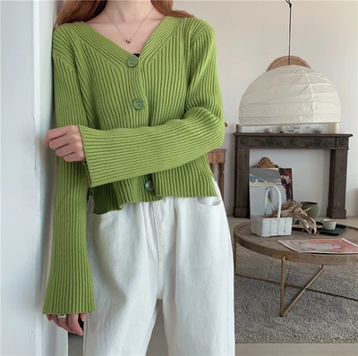 6 цветов корейский стиль свободный сплошной цвет v-образный вырез трикотажные свитера Кардиган Женские топы с длинными рукавами женские(L750 - Цвет: Зеленый
