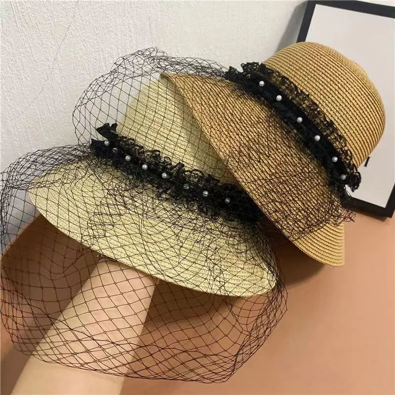 

French Elegant Hepburn Lace Fisherman Hats For Women Female Summer Wide Brim Beach Paper Straw Hat Japanese Pearl Lace Basin Hat