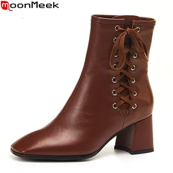 

MoonMeek 2020 autumn winter popular fashion lace up women boots thick high heels square toe solid ankle boots