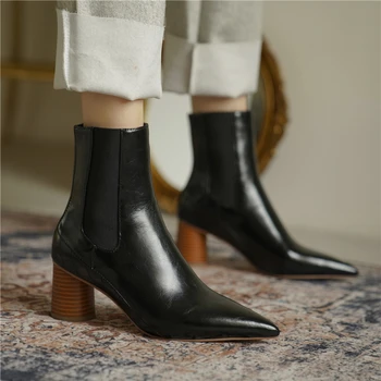 

Genuine Leather Women Ankle Boots Fashion Concise poined Toe rouned high Heels Pumps Wedding Shoes Woman