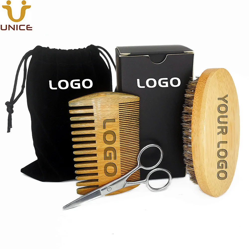 MOQ 100 Sets Customize LOGO Mustache Kit Boar Bristle Brush and Dual Sided Green Sandalwood Beard with Gift Box & Bag