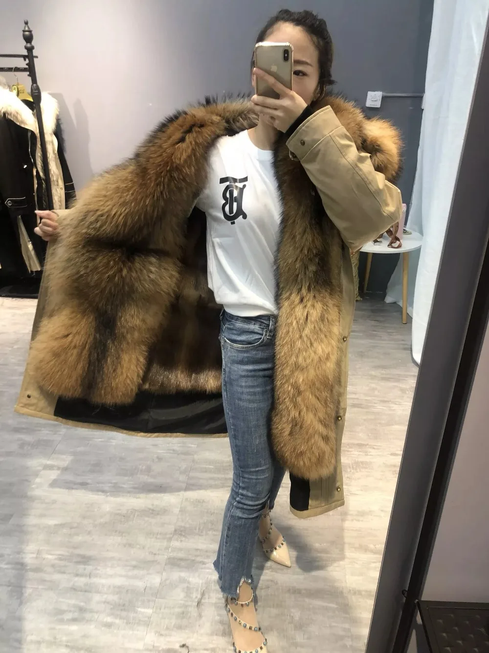 2019натуральный мех пальто супер большой енот меховой капюшон, воротник зимняя куртка женская парка натуральный мех норки Подкладка Толстая теплая съемная
