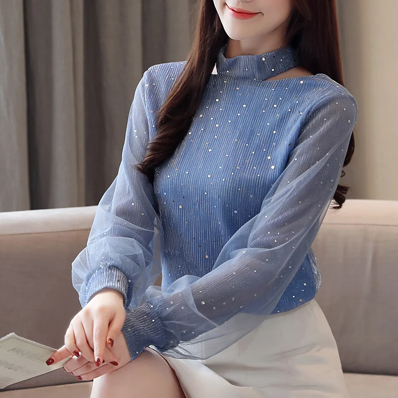 

Women Shirts Autumn sequel mesh Splice lace butterfly knot back tie lantern sleeve Bright silk Chiffon 2019 Women Tops 905E7
