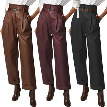 

ZANZEA Stylish PU Leather Trousers Women High Waist Wide Leg Pants Elegant Office Work Long Pantalons Female Loose Streetwear