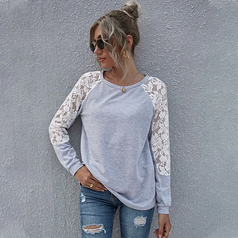 

2020 New Pullover Sweatshirt Women Casual Autumn Winter Lace Patchwork O Neck Full Sleeve Sweatshirt Top For Women