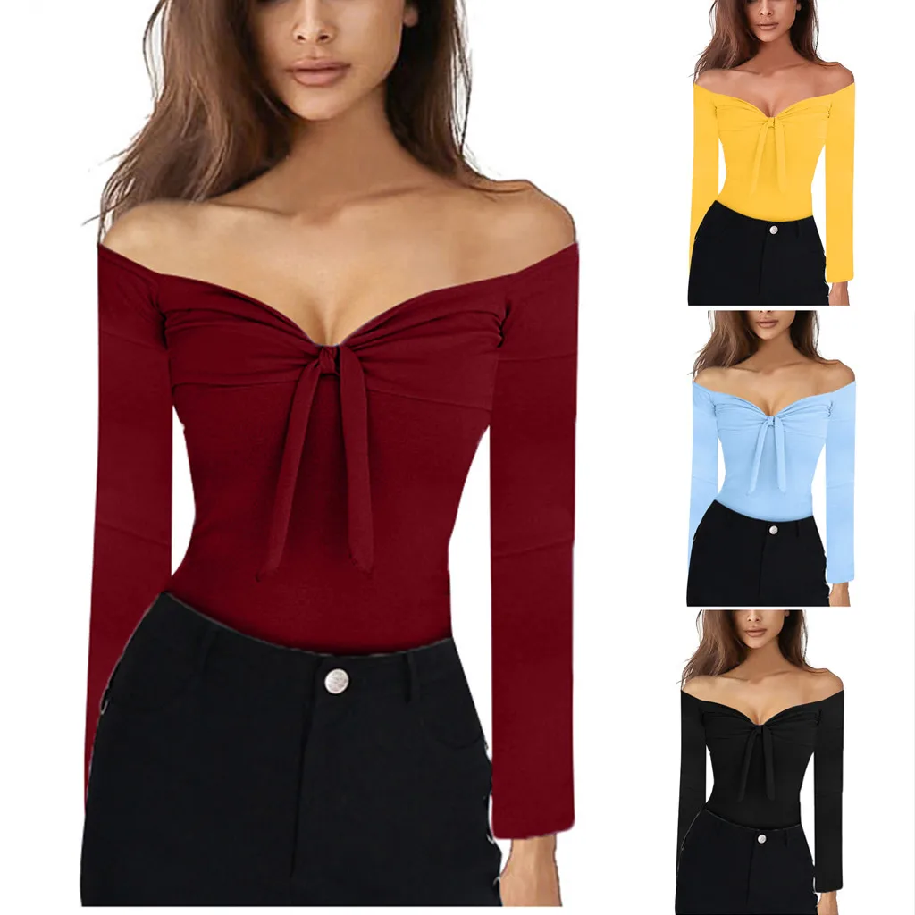 

Autumn New Fashion Women's Casual Slim Sexy Solid Color Slash Neck Bow Long Sleeve Off Shoulder Top Free Ship рубашка женская Z4