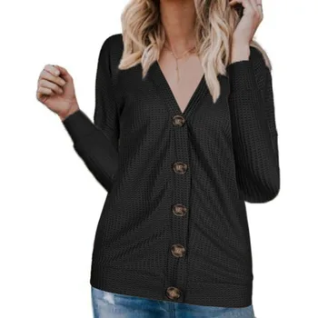 

Casual Women Sweater Multicolored Button Waffle Check Shopping Autumn Street V-neck Cotton Blend Dating Soft Daily Long Sleeves