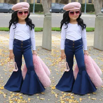 

New Toddler Baby Girl Blue Jeans Buttons Skinny Flared Jeans Kids Stretchy Denim Bell-Bottoms Long Trousers Baby Casual Clothing