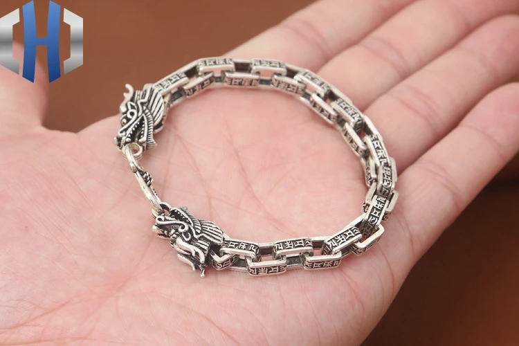 

S925 Sterling Silver Jewelry Men's Fashion New Silver Jewelry Thai Silver Double Dragon Head Scripture Square Ring Bracelet