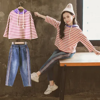 

Children Clothing Set Autumn Girls Striped Hooded Sweatshirt & Jeans 2Pcs Suit Kids Clothes Outfits 3-13 Year Teenage Sportswear