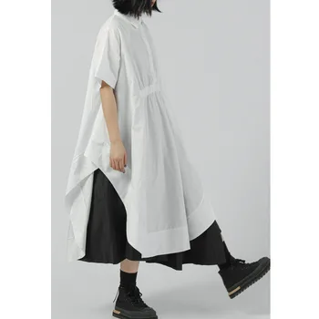 

WOMENGAGA 2020 Summer New Solid Casual Dress Loose Large Size Single-breasted Patchwork Turn-down Collar Fashion Pleated A421