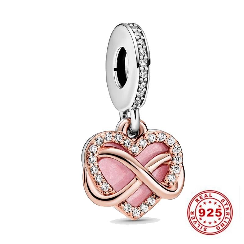 925 Sterling Silver Sparkling Infinity Heart Dangle Charm Fits Original Pandora Bracelets Women Silver Beads for Diy Jewelry Mak