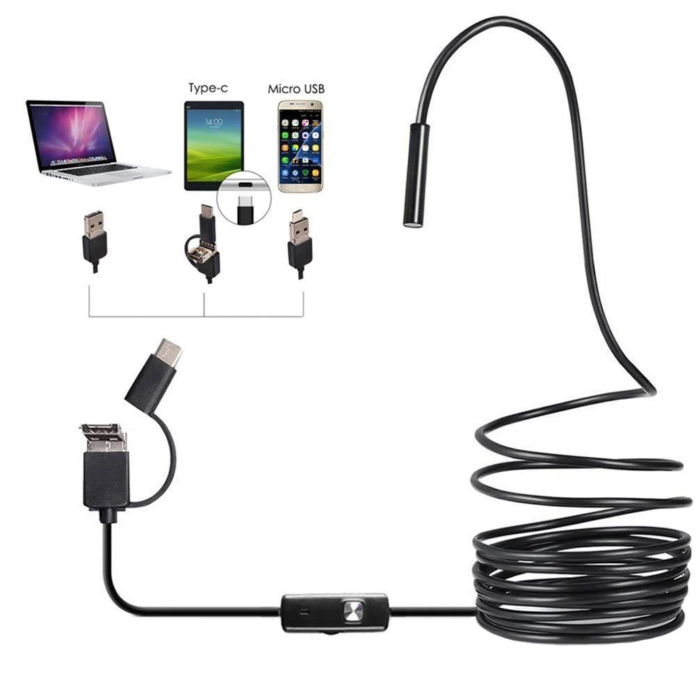 USB эндоскоп 6 Led 3 в 1 черный водонепроницаемый промышленный бороскоп ноутбук HD камера гибкий type-c инспекционный видео - Цвет: 5m