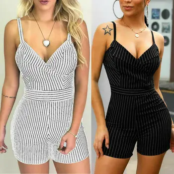 

Women Striped Jumpsuit Shorts Romper Tie Waist Playsuit Clubwear Holiday Beach Trousers Shorts Pants Mini Jumpsuit Playsuit