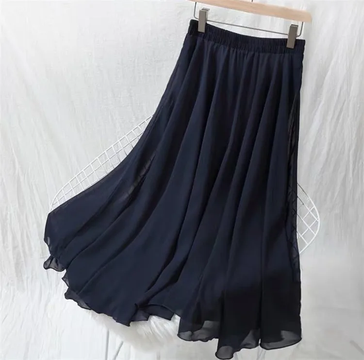 Navy blue Весенне-осенняя модная женская плиссированная юбка с высокой талией размера плюс, женская черная розовая красная желтая длинная шифоновая Макси-юбка M-6XL 7XL - Цвет: Navy blue