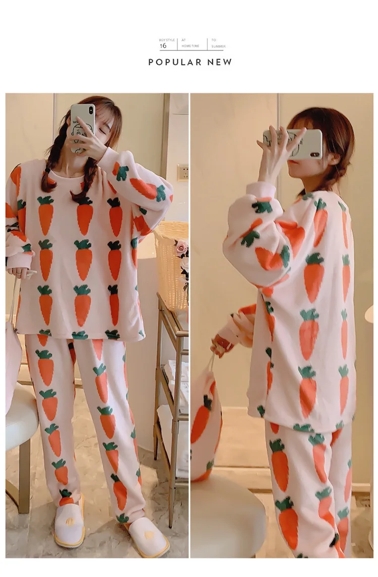 ladies pyjamas autumn/winter ladies flannel suit thickened 260g lovely girl carrot print home wear collection bag