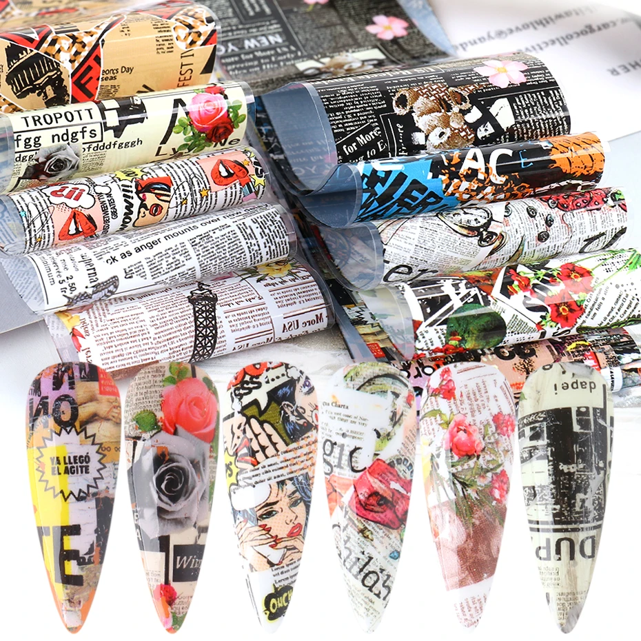10pcs Newspaper Print Nail Art Transfer Foil Cool Lettering Stickers For Nails Summer Designer Sliders Decal Decoration LA5114 | Красота и