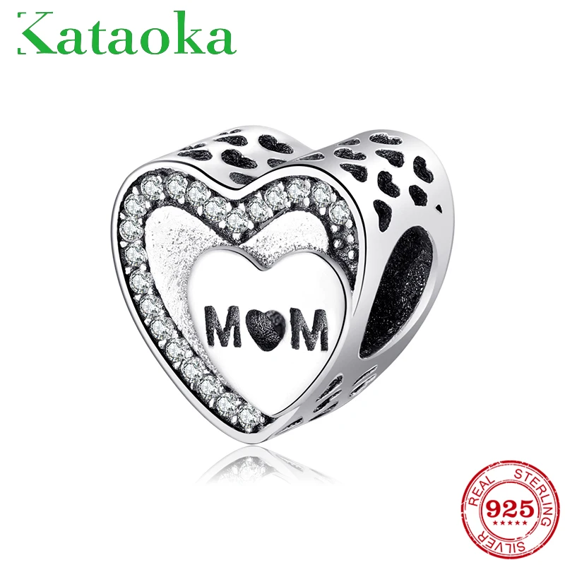 925 пробы серебряные прозрачные циркониевые бусины в форме сердца для семьи и мамы, очаровательный браслет Pandora, ювелирное изделие, День матери