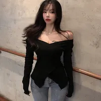 Autumn Women Sexy V neck T-shirt Slim Long Sleeve Solid Color Off Shoulder Korean Sweet Tee Tops Basic Tshirt - Image 3