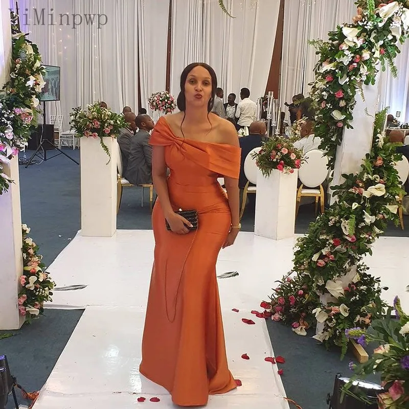 Elegant Orange African Mermaid Bridesmaid Dresses Black Women Wedding Guest Party Gowns One Shoulder Floor Length Bow bridesmaid dresses