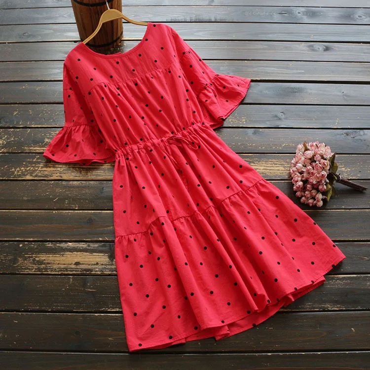 

6130 New Style Summer WOMEN'S Dress Sweet Japanese-style Bow Lace-up Dotted Flounced Sleeves A- line Midi-skirt Full Body Dress