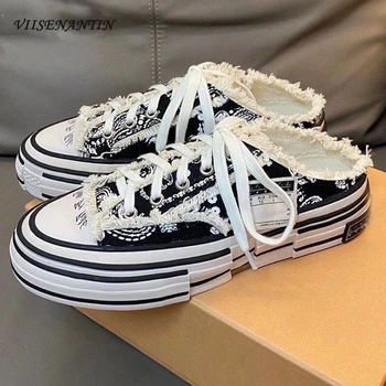 

2020 Spring Autumn New Distressed Casual Platform Canvas Shoes Women Fashion Street Clapper Lace-Up Flat Shoes Trendy Slippers