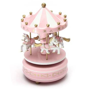 

HOT-Musical carousel horse wooden carousel music box toy child baby pink game
