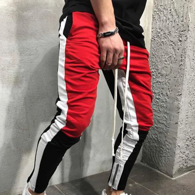Red and black Мужские спортивные штаны, новая мода, хип-хоп, фитнес, уличная одежда, брюки, в полоску, на завязках, для бега, спортивные штаны, Pantalon Homme S-3XL - Цвет: Red and black
