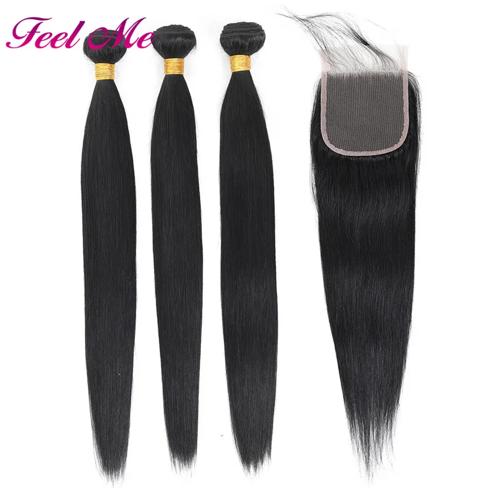 Feel Me Malaysian Straight Hair Bundles With Closure Human Hair 3/4 Bundles With Closure Natural Color Non Remy Hair Extensions