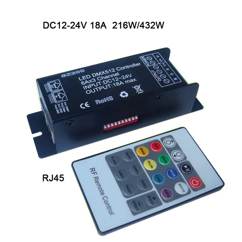 

DMX512 decoder DC12-24V 6A*3channel 18A led controller 20key Wireless RF remote for RGB led strip,string,light,module,lamp