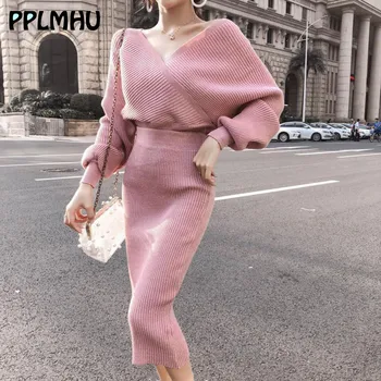 

Sexy V-neck Knitted Skirt Suits Women Winter 2019 Batwing Sleeve Ladies Two Piece Set Elegant Party Female Sweater Pink Dress