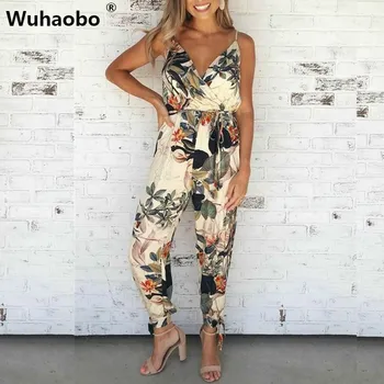 

Wuhaobo Trendy Women Clothes Summer Bodycon Party Backless Side Fork Frenulum Print Jumpsuit Sleeveless Polyester V-neck Romper