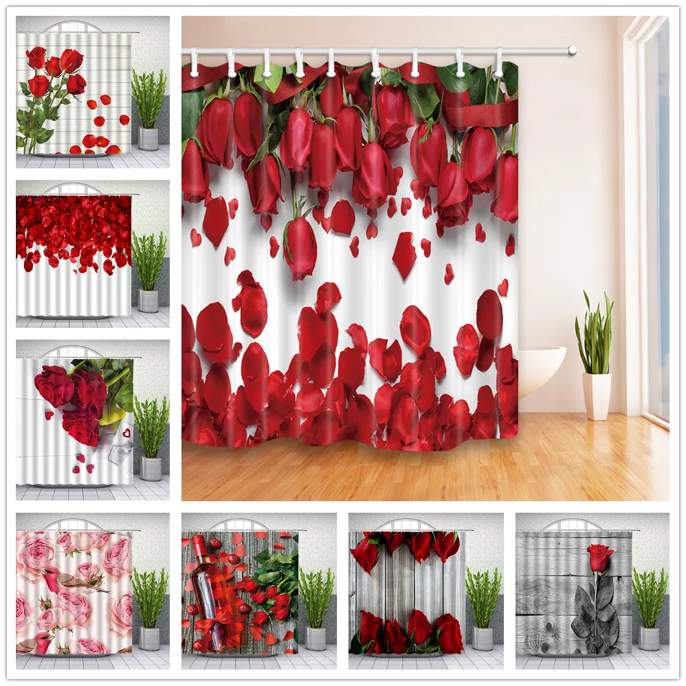 Red Rose Flower Shower Curtains Set Valentine's Day Floral Plant Anniversary Couples Petal Bathroom Decor Home Bathtub Curtain