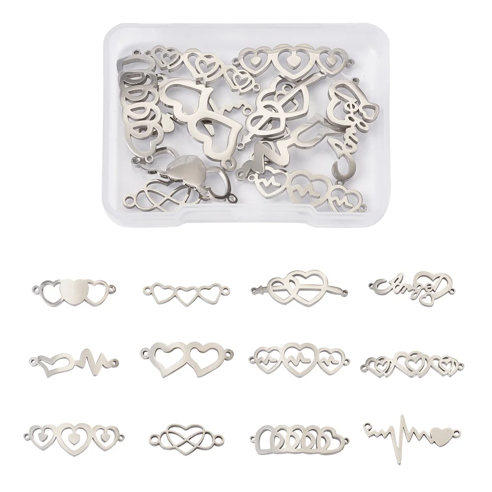 24Pcs 12 Styles Stainless Steel Love Heart Heartbeat Link Connector For Bracelet Necklace Connectors DIY Craft Jewelry Component