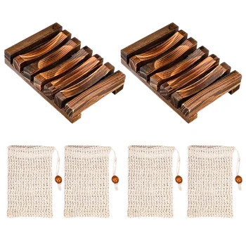 

6 Piece Set Wooden Soap Dish,Handmade Soap Soap Box Soap Tray Wooden Soap Box Foaming Net Bag Set