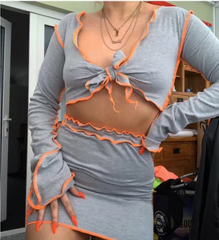 

2020 Fall Hot Products New Women's Tie V-neck Long Sleeve T-shirt Short Skirt Contrasting Color Side Set