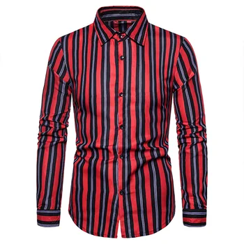 

Men's new long-sleeved shirt goes with stripes, simple red and white, slim and fashionable in European and American sizes XXXL