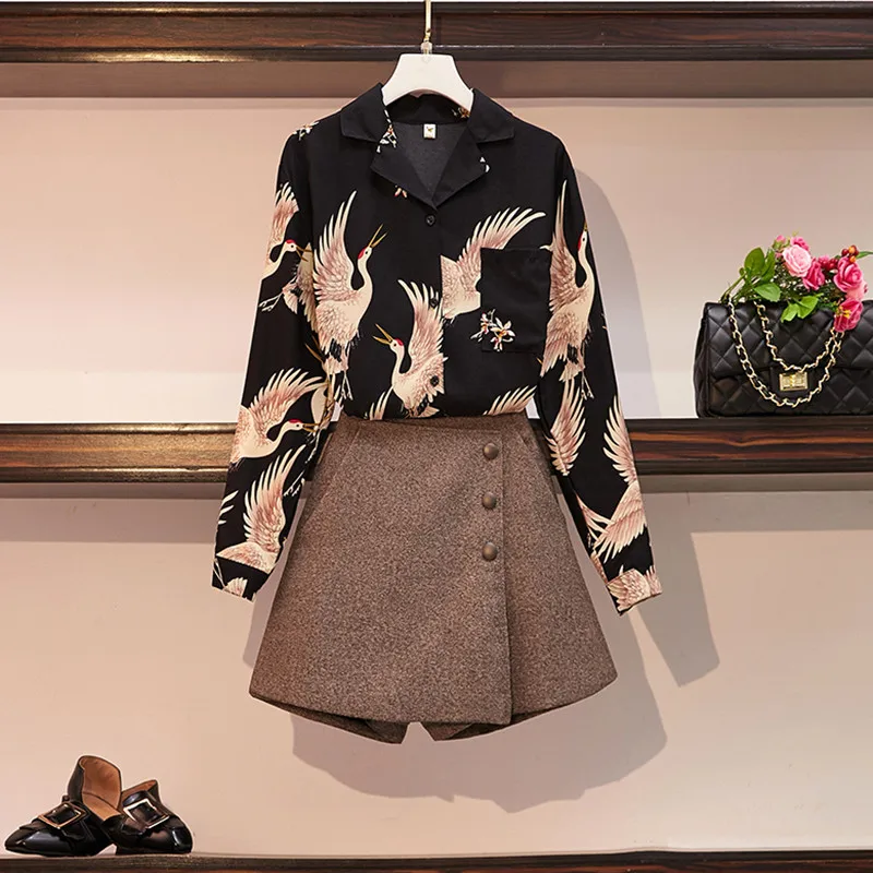 

JSXDHK New Fashion Swan Print Black Turn Down Collar Loose Chiffon Shirt 2 Piece Set + Plus Size Tweed Button A Line Skirt Set