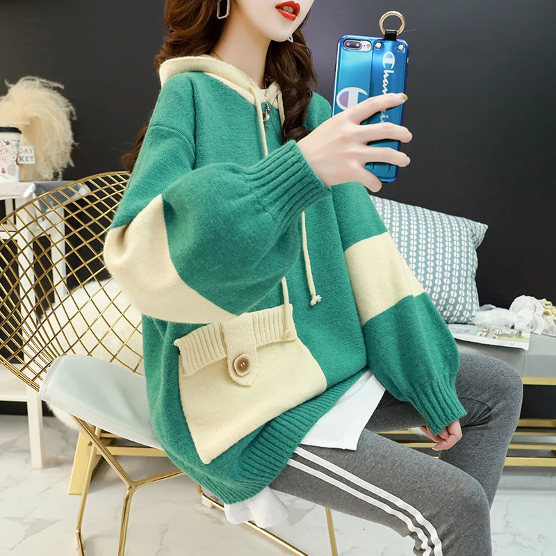 Women Knitted Sweater And Pullovers Korean Fashion Style Hooded Sweaters Autumn Winter 2019 New Pocket | Женская одежда