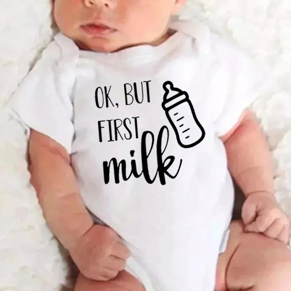 

Ok but First Milk Funny Style Baby Onesies Newborn Boys Girls Bodysuit Short Sleeve Romper Infant Toddler Cute Cotton Outfits