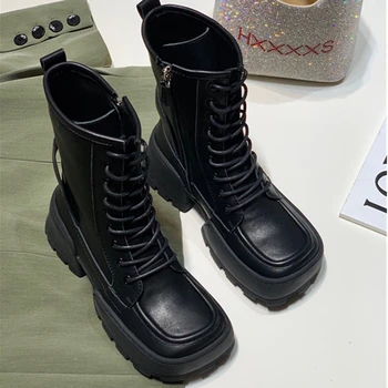 

Women Ankle Boots Fashion Square Toe Lace Up Women Short Boots Plartform Wedges Genuine Leather Women Winter Boots Martin Boots