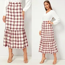 Повседневные красные и белые клетчатые длинные женские плиссированные юбки праздничные эластичные с высокой талией с боковыми карманами летние юбки Свободные женские юбки женские