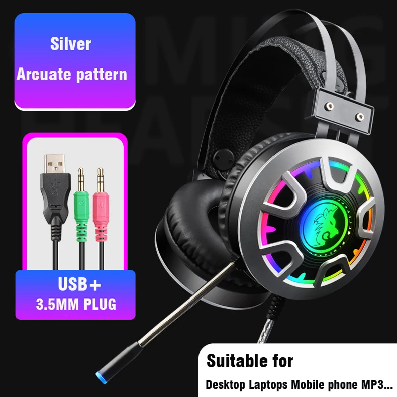 Wired Gaming Headphones Stereo Sound PC Earphones Noise Reduction with Mic Colorful RGB Light Volume Control for Desktop Laptop